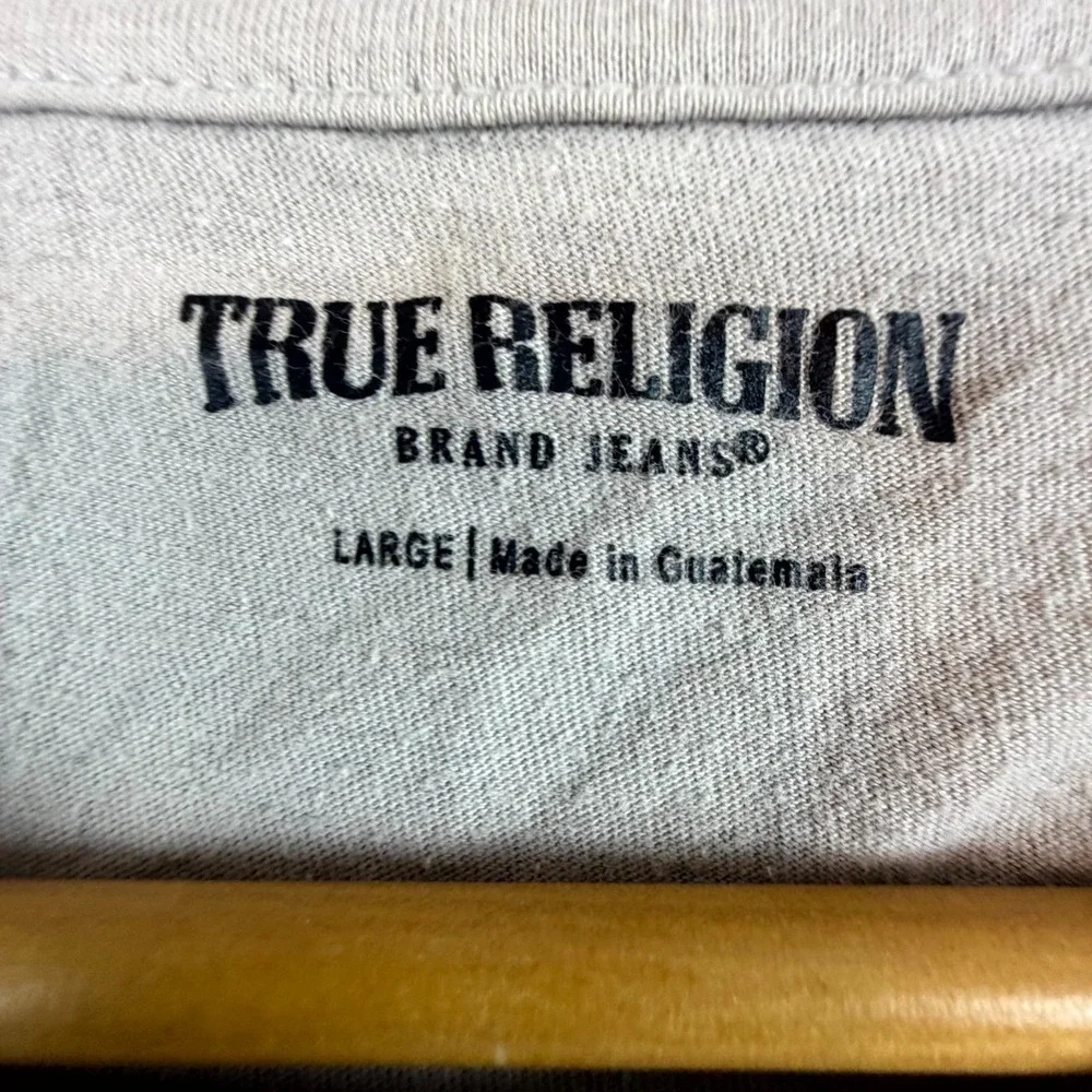 True Religion T-Shirt Mens Large Beige Buddha Guitar Graphic Print Cotton Casual